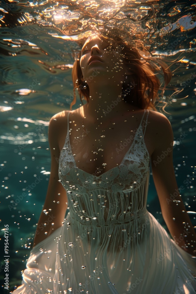Woman in White Dress Floating Underwater