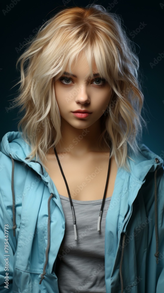 b'Portrait of a young woman with blonde hair and blue eyes wearing a blue jacket' b'Portrait of a young woman with blonde hair and blue eyes wearing a blue jacket'