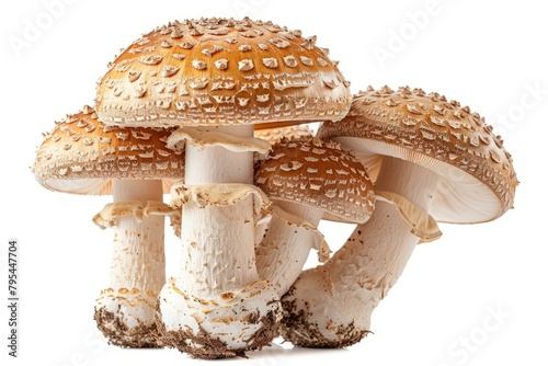 b'Four brown amanita mushrooms with white spots on their caps' photo