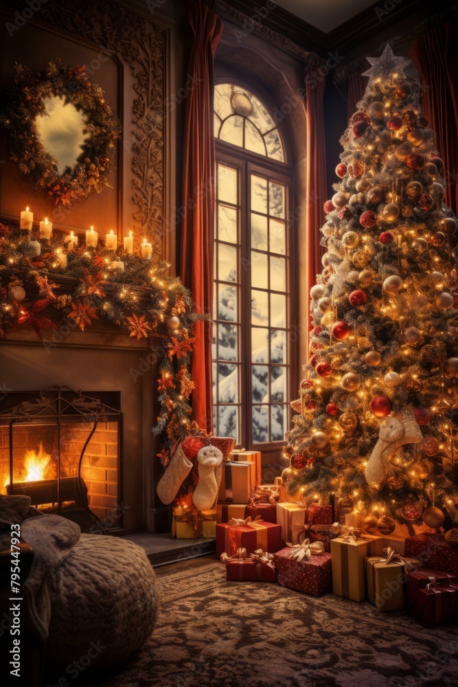 b'Exquisitely Decorated Christmas Tree In A Luxurious Living Room'