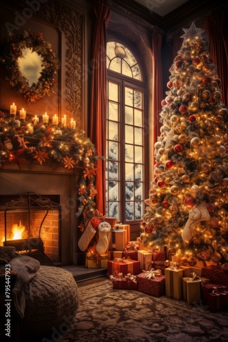 b'Exquisitely Decorated Christmas Tree In A Luxurious Living Room'