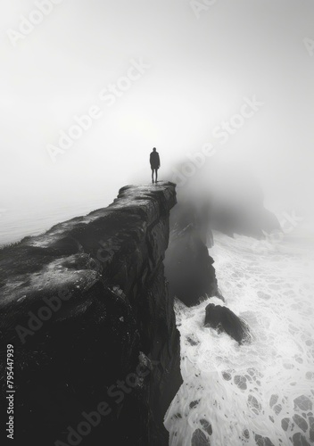 b'Man standing on a cliff overlooking a foggy sea'