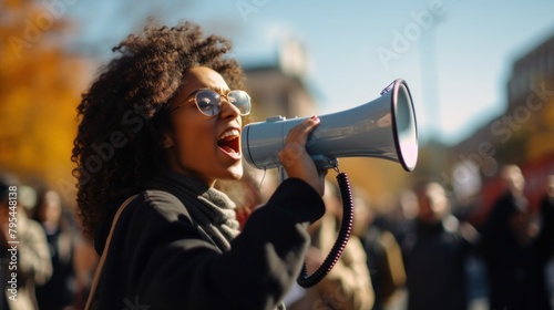 Young African American woman raises her fist and shouts through a megaphone while protesting on a city street.