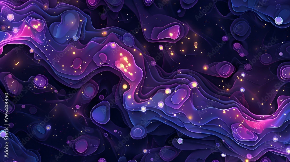 Obraz premium 3D render of abstract dark purple background with glowing waves and bubbles, vector illustration