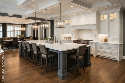 b'Open concept kitchen with large island and dark wood floors' photo