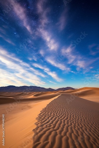 b'A vast desert landscape with a starry night sky'