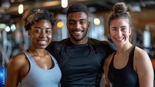 Young male trainer standing with woman in training clothes looking at camera, smiling in exercise gym.