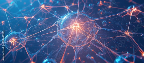 An intricate network of neurons in the brain, glowing with energy and firing action patterns.  photo