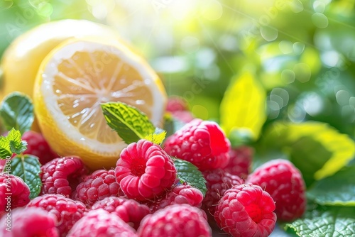 refreshing summer still life with ripe raspberries zesty lemon and fragrant mint appetizing food background ai generated image
