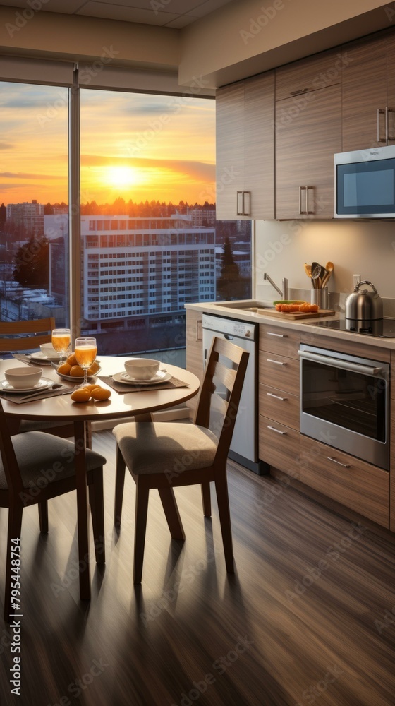 b'kitchen sunset city view urban apartment interior design'