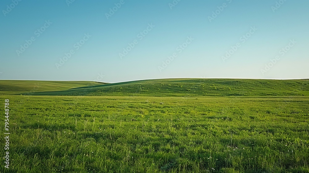 b'Vast green grassy field under clear blue sky'