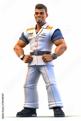 b'A male mechanic with dark skin and brown hair wearing a white uniform with blue and orange details'