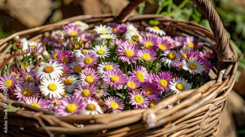 A basket full of common daisy or bellis perennis flowers - ingredient for herbal syrup photo