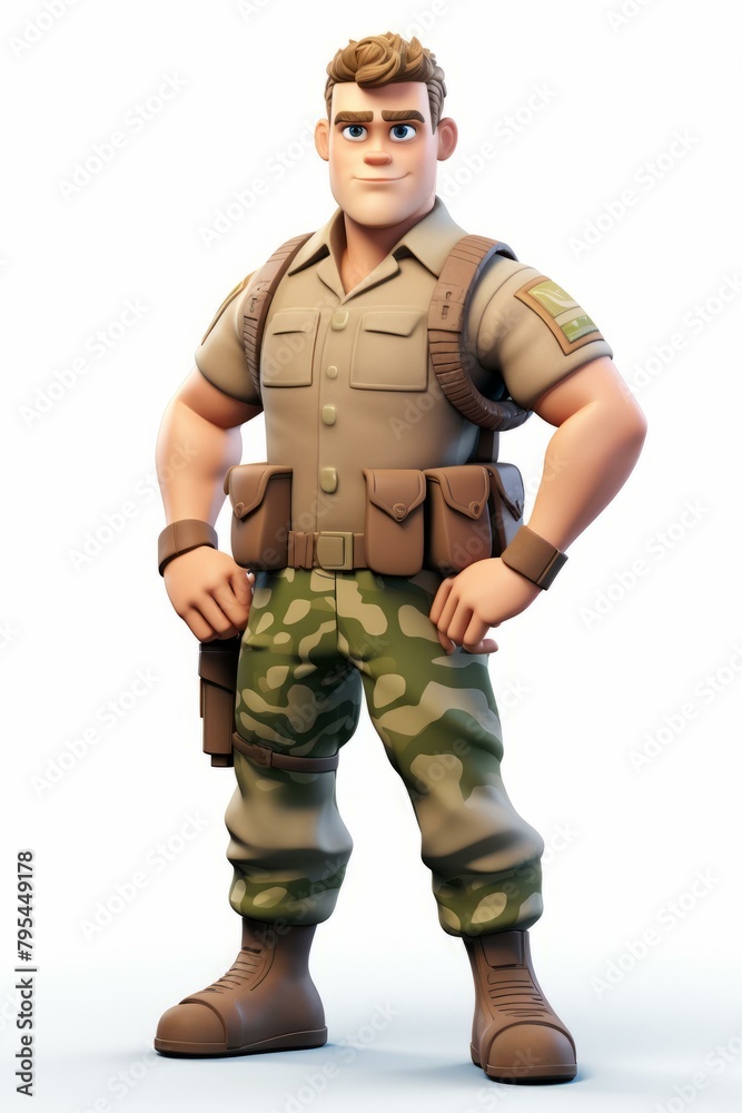 b'A male soldier with a gun on his hip and a backpack on his back' b'A male soldier with a gun on his hip and a backpack on his back'