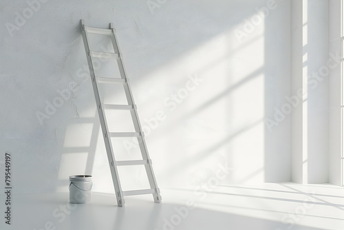 Construction ladders stand against the wall. Preparing for repairs. Apartment renovation and decoration concept
