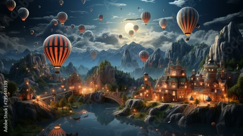 b'Fantasy city with airships flying over it' photo