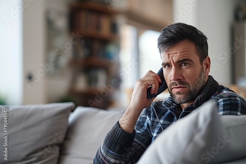 Worried Man on Phone at Home