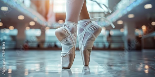 Closeup Mockup template for website design of a dancing legs of ballerina wearing white pointes in the dancing hall photo