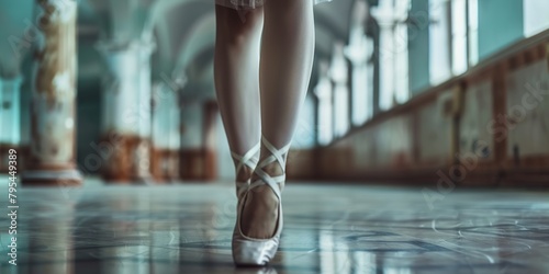 Closeup Mockup template for website design of a dancing legs of ballerina wearing white pointes in the dancing hall photo
