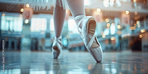 Closeup Mockup template for website design of a  dancing legs of ballerina wearing white pointes in the dancing hall  photo