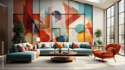 b'Modern geometric wall mural in living room interior' photo