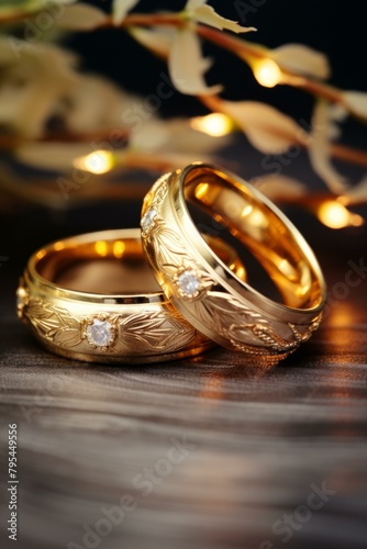 b'Two gold wedding rings on a wooden table with fairy lights in the background'