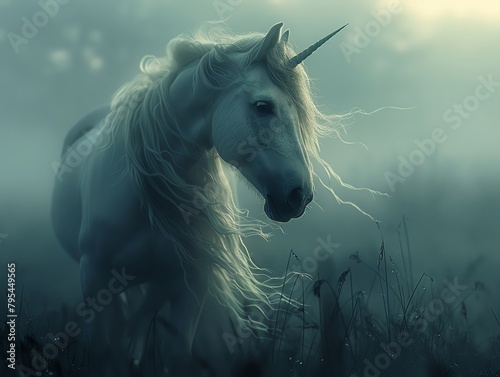 Capture the elegance of a shimmering unicorn, its majestic mane flowing, staring into the darkness Explore the juxtaposition of fear and allure, using an unexpected low angle to evoke a sense of myste photo