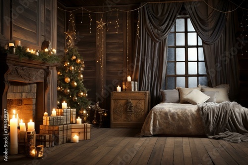 b'A cozy living room with a fireplace, Christmas tree, and presents'