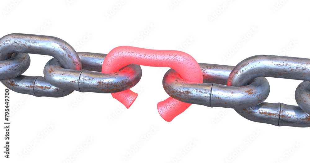 Obraz premium Chain link with a broken weak link, glowing red hot chain