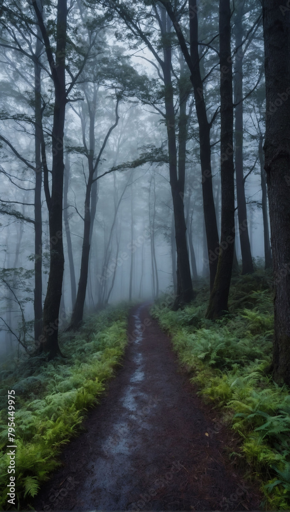 Fog-Kissed Path, A Straight Road Piercing Through the Enchanted Beauty of a Mist-Blanketed Forest. Fog-Kissed Path, A Straight Road Piercing Through the Enchanted Beauty of a Mist-Blanketed Forest.