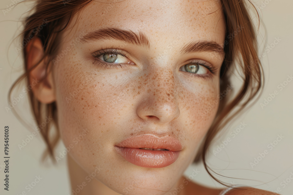 Close-up Portrait of Flawless Woman on Beige Background Close-up Portrait of Flawless Woman on Beige Background