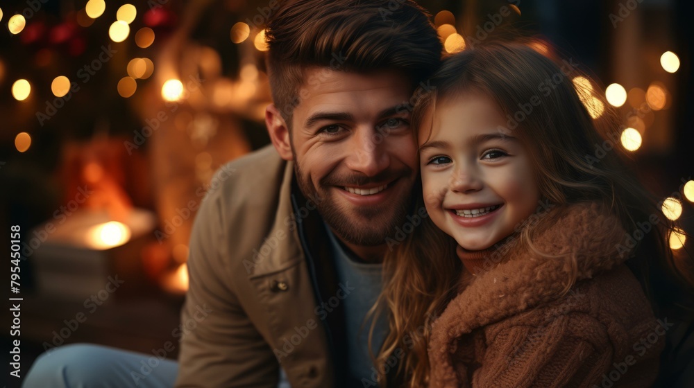 b'Father and daughter smiling happily in front of a blurry background of lights.' b'Father and daughter smiling happily in front of a blurry background of lights.'