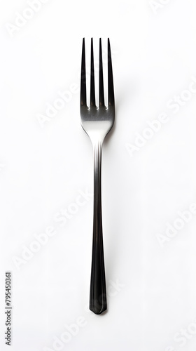 Silver metal fork, top view isolated on white background