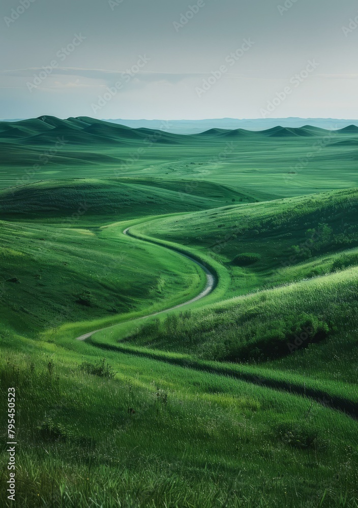 b'Curving Road Through the Grassy Hills'
