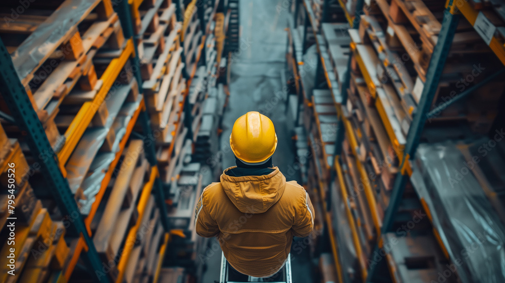 Fototapeta premium A large warehouse operator checking data at warehouse. Generative AI.