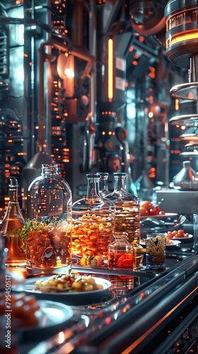Design a digital composition showcasing a futuristic gastronomy lab where food is molecularly manipulated Incorporate dramatic lighting and shadows from a lateral viewpoint, highlighting the fusion of photo