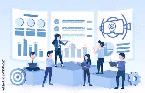 Business people discussing and brainstorming concepts. Exchange ideas  share information  and analyze data. Online dashboard project and teamwork. Flat vector illustration.
