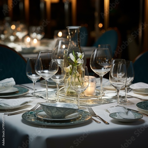 b Elegant table setting with wine glasses and flowers 