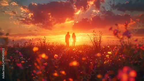 Illustrate a dreamy low-angle shot of a sunset over a vast, blooming field, emphasizing the beauty of natures preservation efforts Integrate subtle hints of a romantic narrative with two figures walki photo