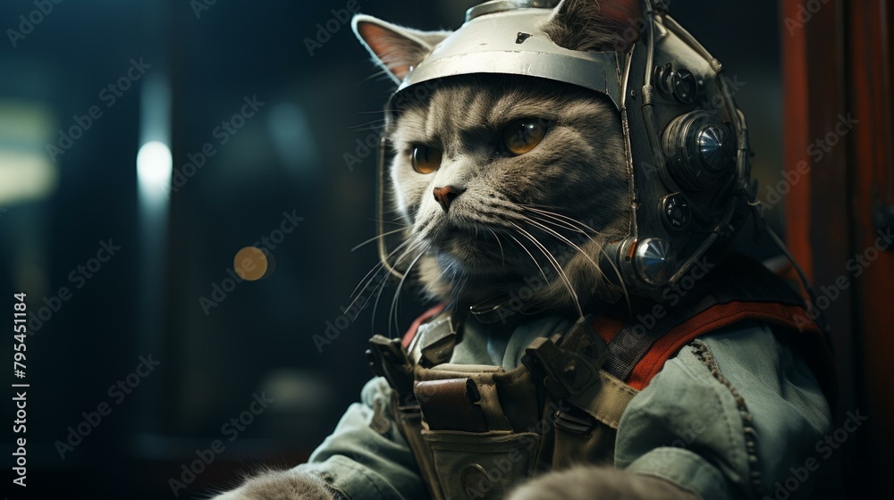 b'A gray cat wearing a space helmet' b'A gray cat wearing a space helmet'