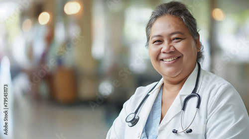Medica mulher acima do peso sorrindo no hospital photo