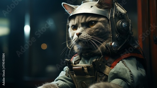 b'A gray cat wearing a space helmet'