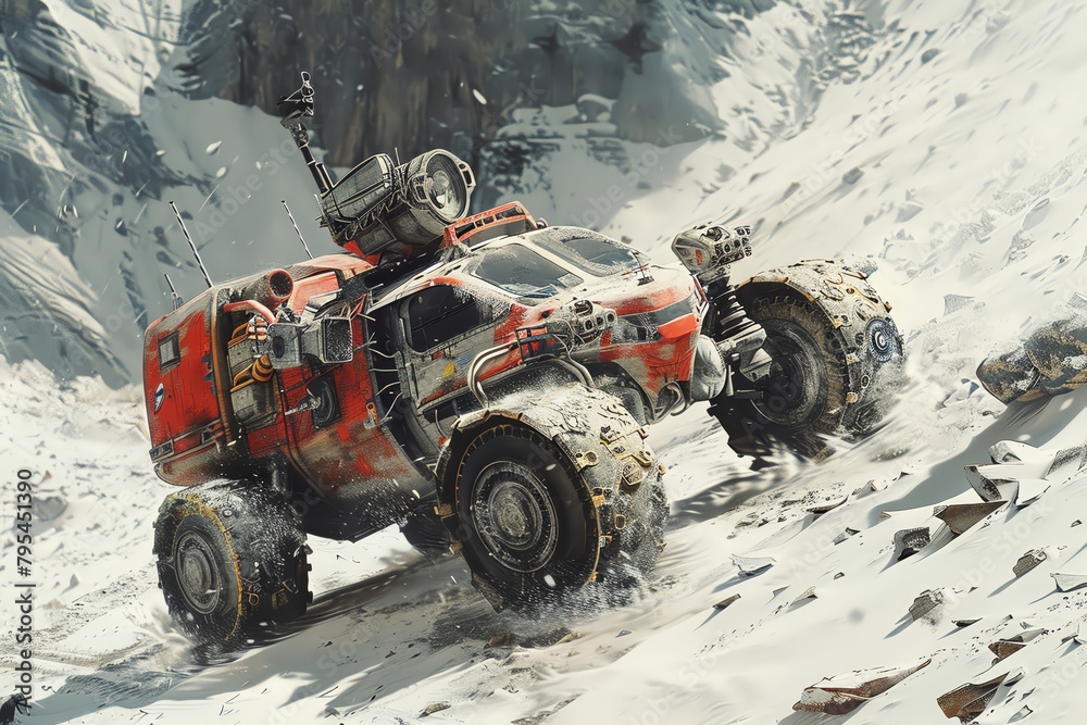 Imagine a space rover stuck in a comical mishap, viewed from a low angle as if painted by a digital artist combining photorealistic textures, making the viewer feel the playful chaos through drone pho Imagine a space rover stuck in a comical mishap, viewed from a low angle as if painted by a digital artist combining photorealistic textures, making the viewer feel the playful chaos through drone pho