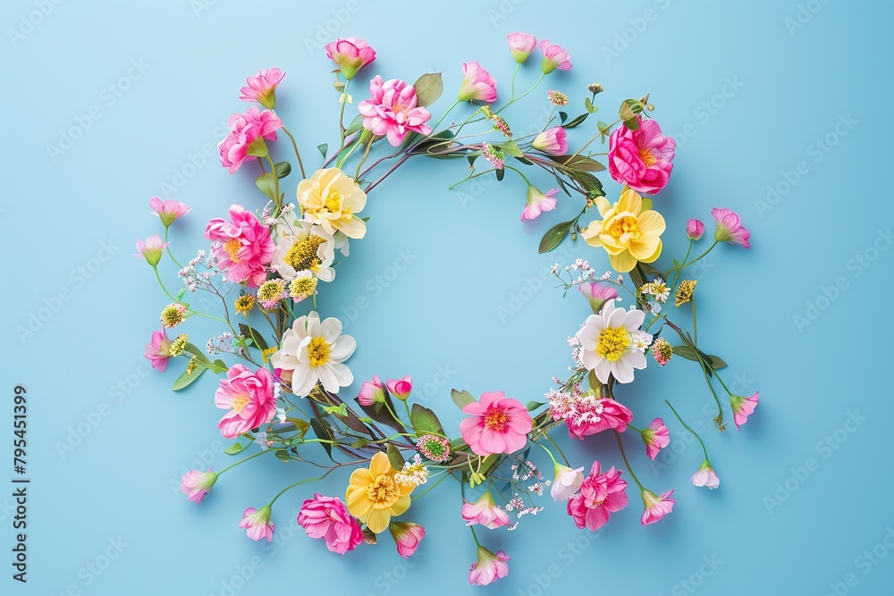 Flower wreath. Round shaped wreath made of colorful flowers, isolated on a pastel blue background. Floral flat lay. aesthetic spring design idea, easter decoration creative idea. Springtime. No people Flower wreath. Round shaped wreath made of colorful flowers, isolated on a pastel blue background. Floral flat lay. aesthetic spring design idea, easter decoration creative idea. Springtime. No people