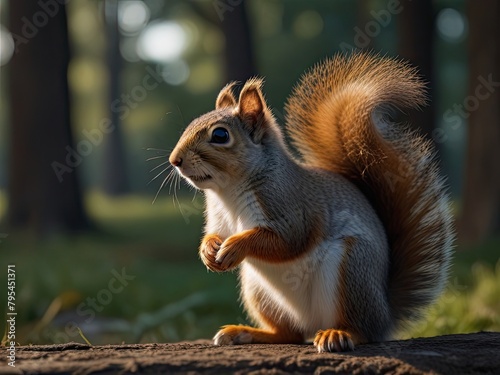 Red squirrel enjoying nuts in the forest