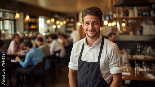 b'Portrait of a male chef smiling in a restaurant'