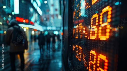 A stock market display with blurred people walking by in the background.