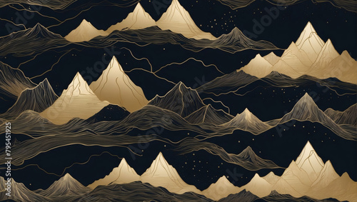 Gilded Peaks  Elegant Gold Wallpaper Design Featuring Mountain Line Art for Luxurious Covers.