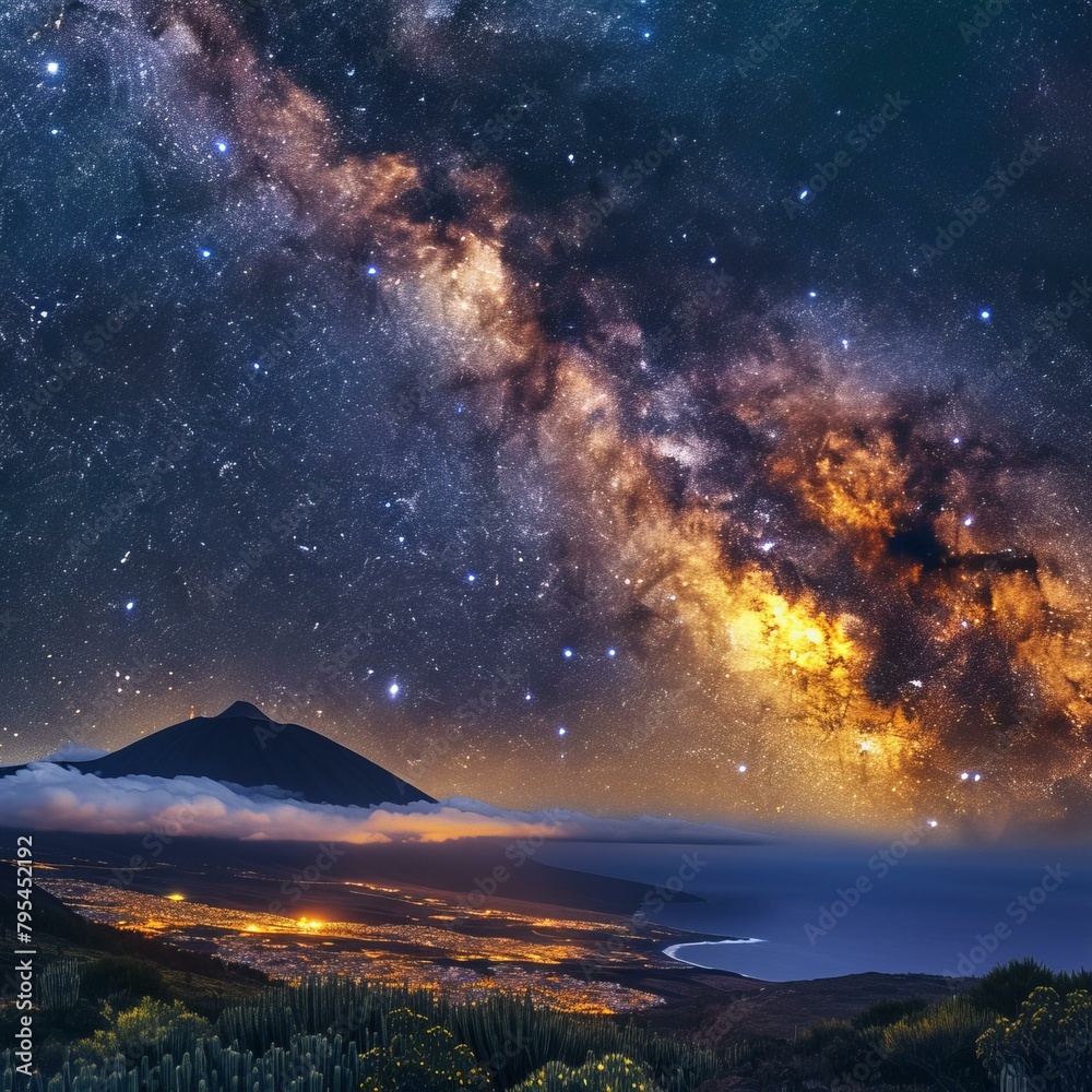 b'Night sky view of Tenerife with Teide volcano, Canary Islands, Spain'