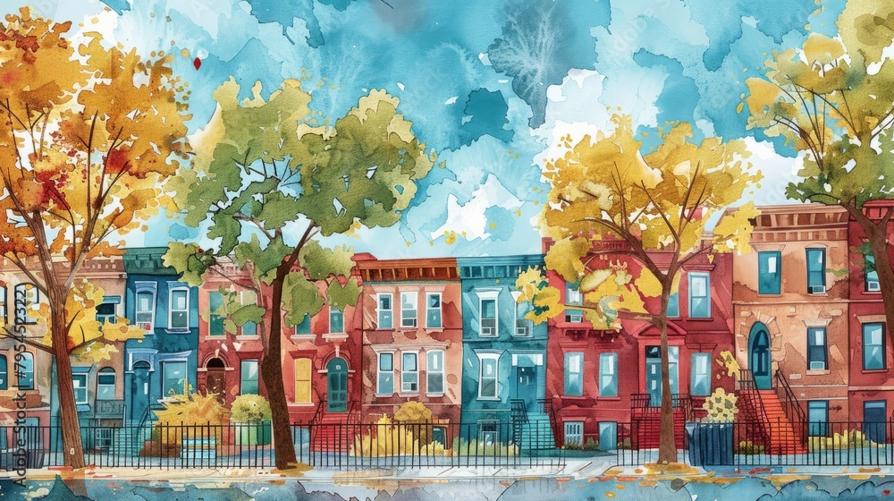 A watercolor painting of a tree-lined street in the fall. The leaves on the trees are a mixture of greens, yellows, and reds. The sky is blue with fluffy white clouds.